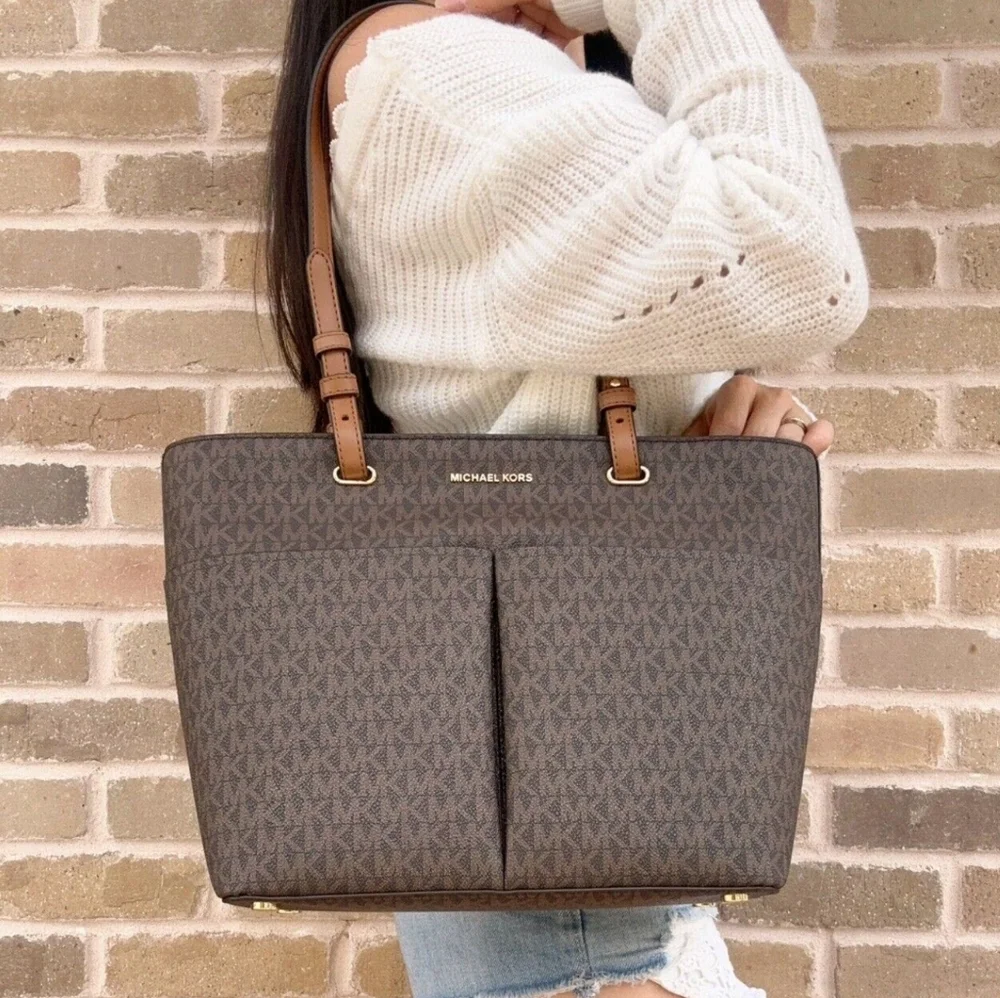 Michael Kors Brown Monogram Logo Tote Shoulder Satchel Classic Bedford 14x10